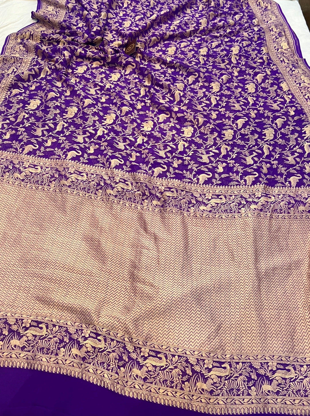 Royal Blue Khaddi Georgette Banarasi Handloom Saree - Aura Benaras