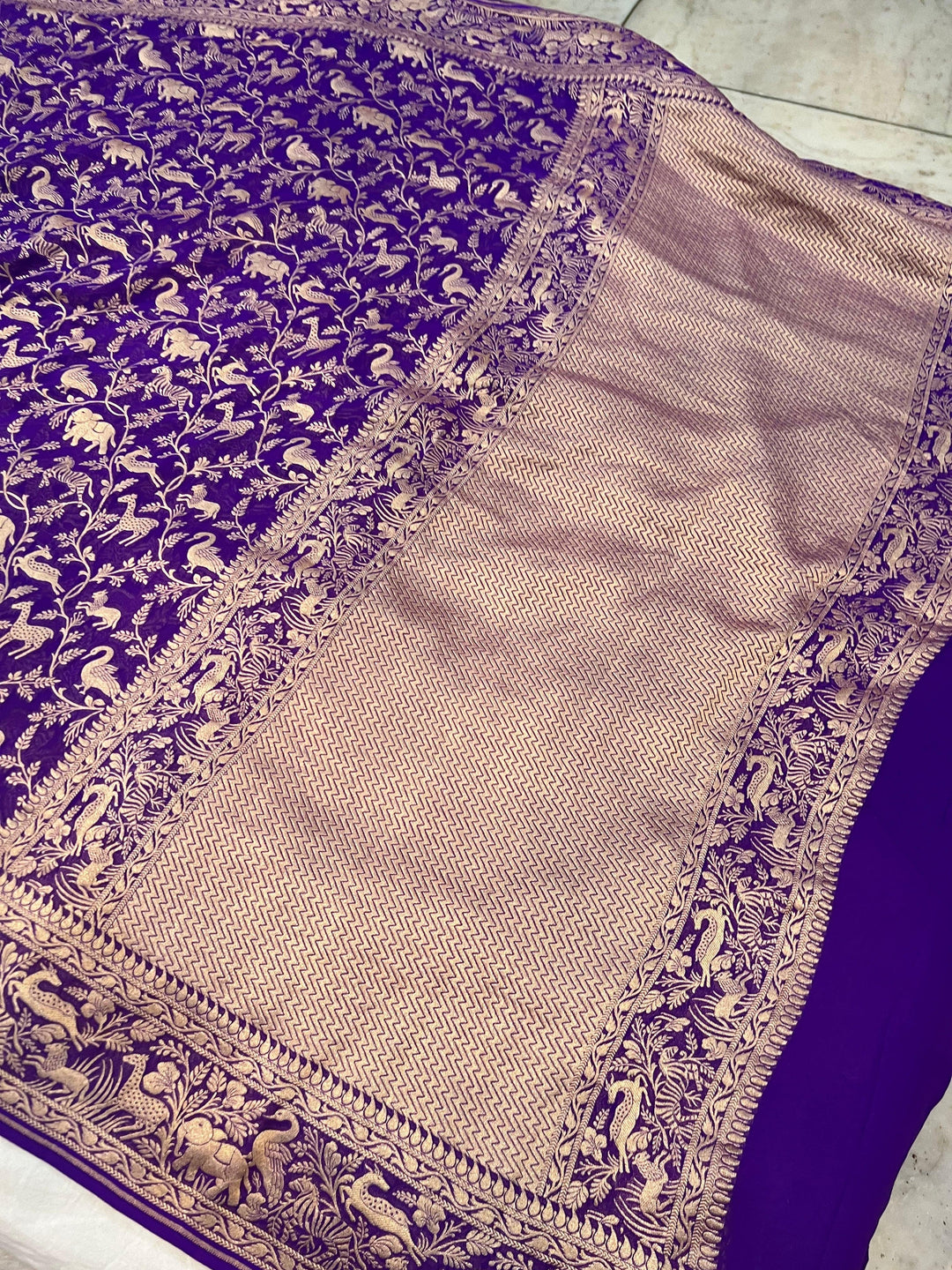 Royal Blue Khaddi Georgette Banarasi Handloom Saree - Aura Benaras
