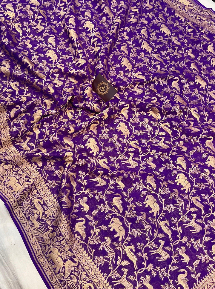 Royal Blue Khaddi Georgette Banarasi Handloom Saree - Aura Benaras