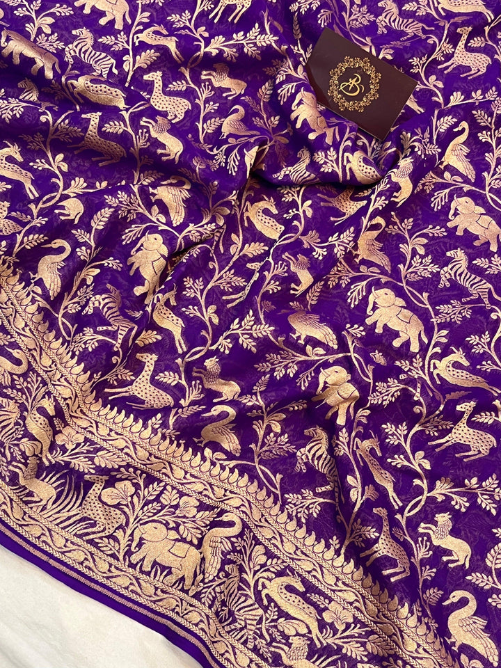 Royal Blue Khaddi Georgette Banarasi Handloom Saree - Aura Benaras