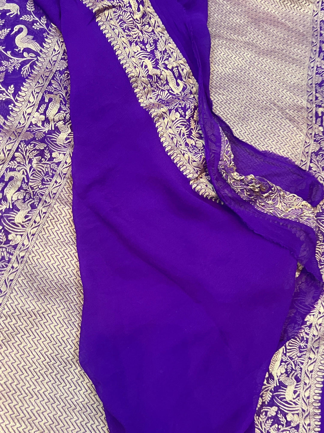 Royal Blue Khaddi Georgette Banarasi Handloom Saree - Aura Benaras