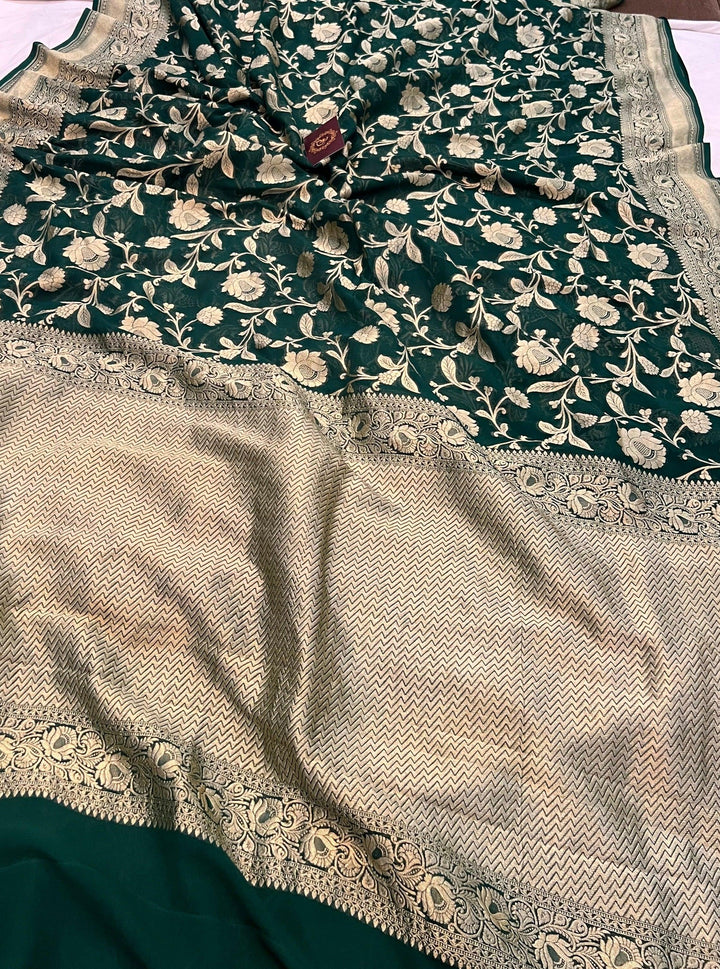 Bottle Green Khaddi Georgette Banarasi Handloom Saree - Aura Benaras