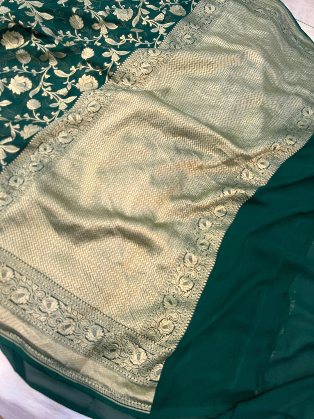 Bottle Green Khaddi Georgette Banarasi Handloom Saree - Aura Benaras