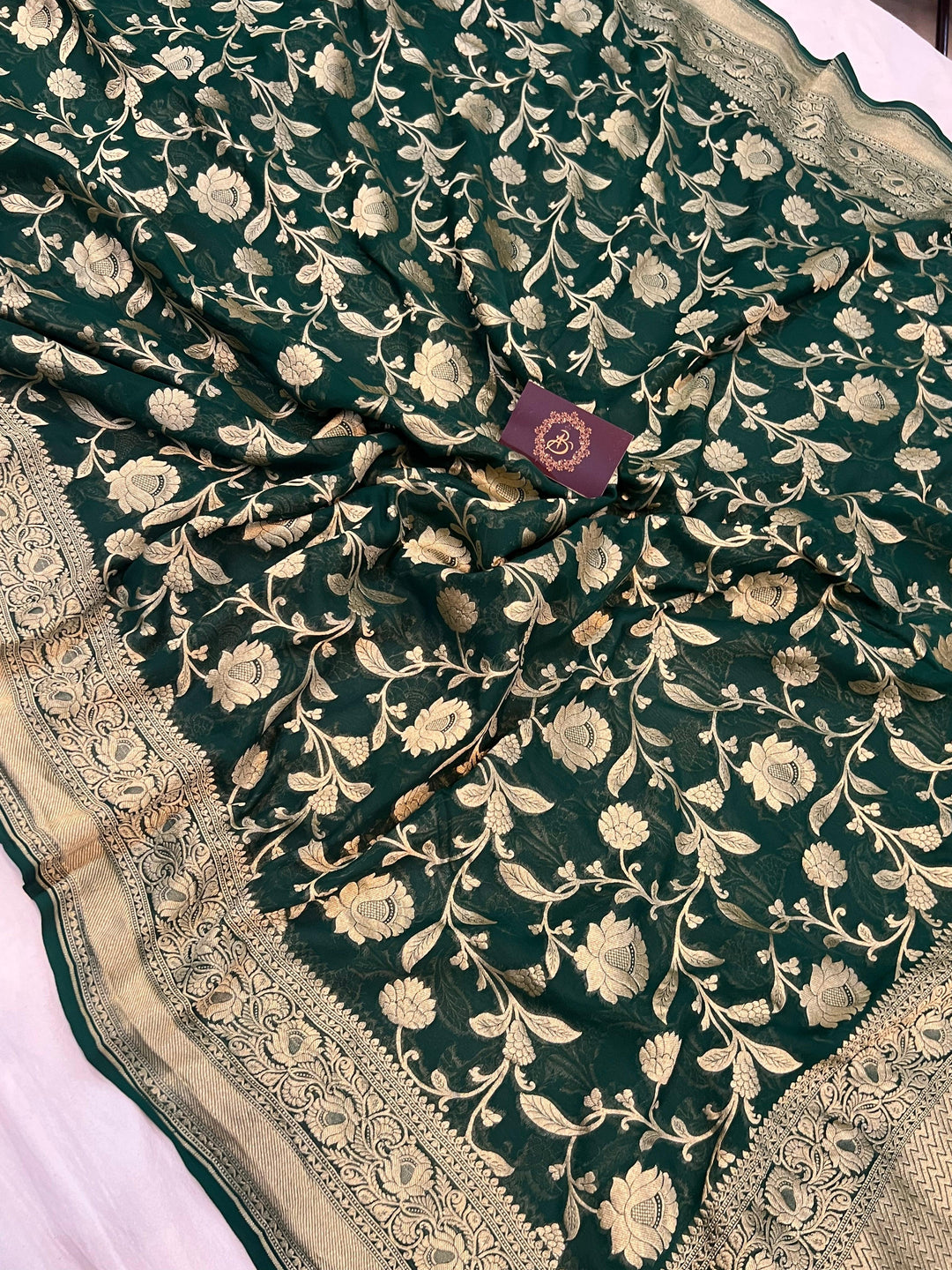 Bottle Green Khaddi Georgette Banarasi Handloom Saree - Aura Benaras