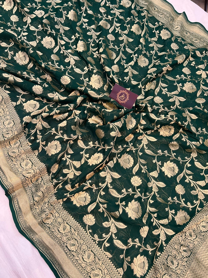 Bottle Green Khaddi Georgette Banarasi Handloom Saree - Aura Benaras