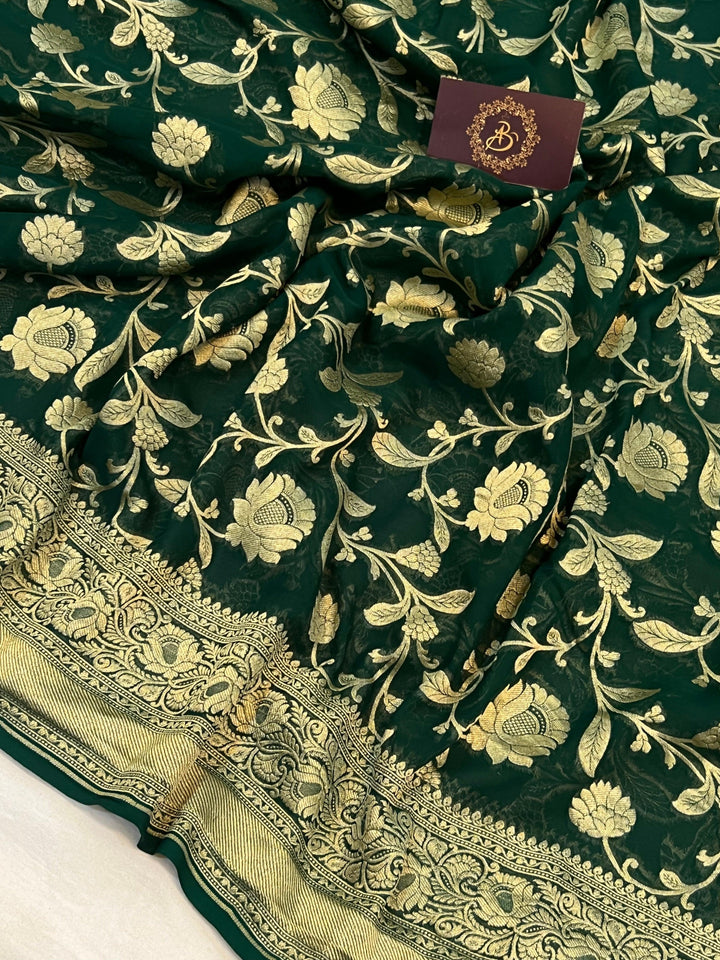 Bottle Green Khaddi Georgette Banarasi Handloom Saree - Aura Benaras