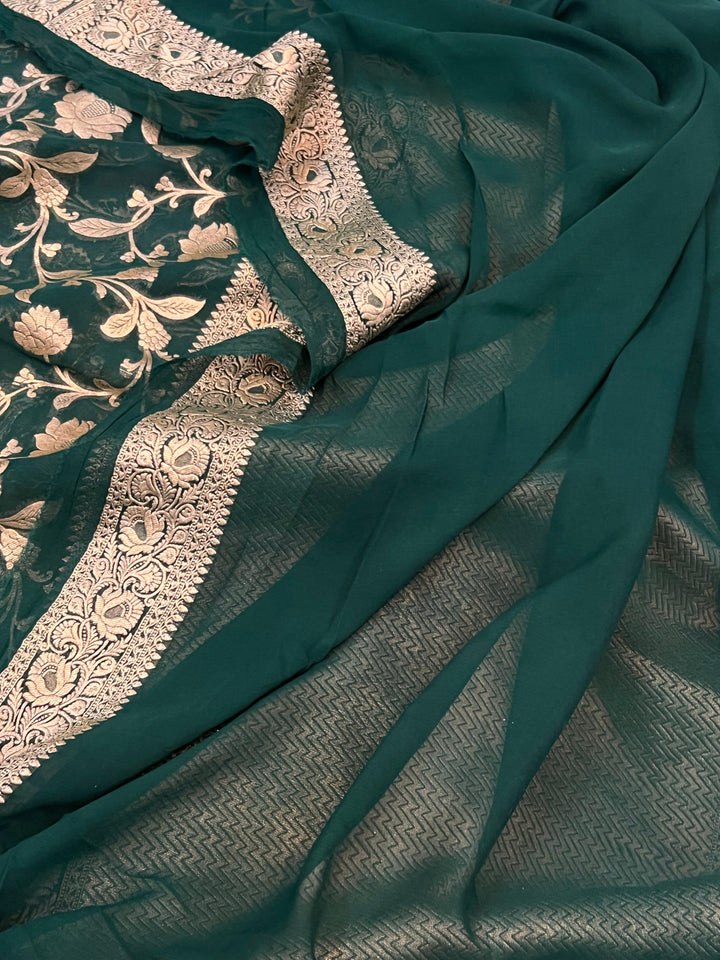 Bottle Green Khaddi Georgette Banarasi Handloom Saree - Aura Benaras