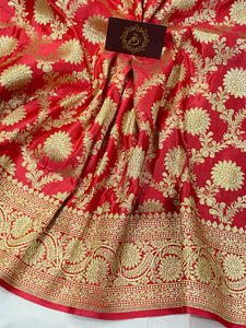 Strawberry Pink Banarasi Handloom Satin Silk Saree - Aura Benaras