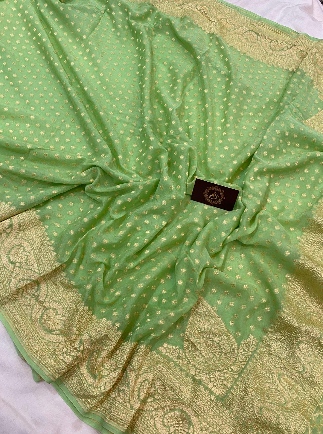 Pista Green Pure Banarasi Khaddi Georgette Saree - Aura Benaras