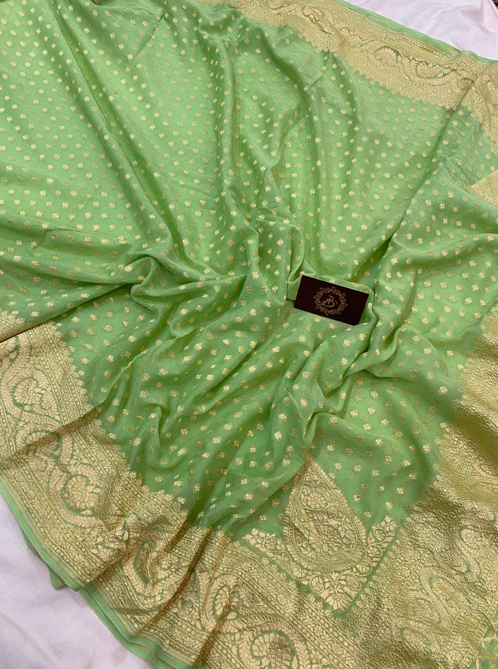 Pista Green Pure Banarasi Khaddi Georgette Saree - Aura Benaras