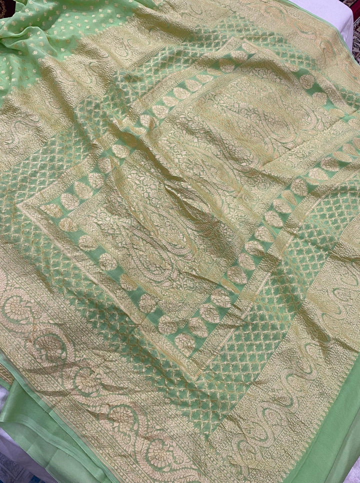 Pista Green Pure Banarasi Khaddi Georgette Saree - Aura Benaras
