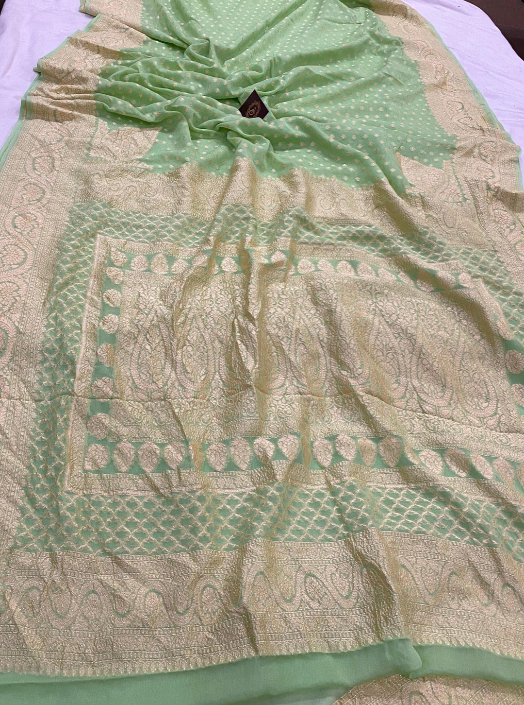 Pista Green Pure Banarasi Khaddi Georgette Saree - Aura Benaras