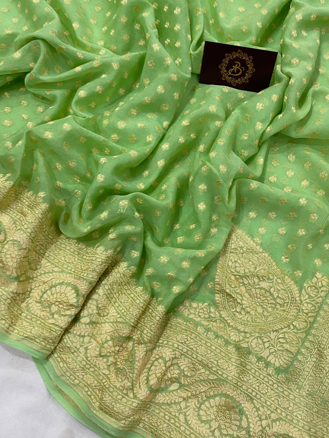 Pista Green Pure Banarasi Khaddi Georgette Saree - Aura Benaras