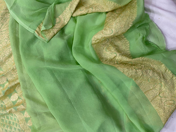 Pista Green Pure Banarasi Khaddi Georgette Saree - Aura Benaras