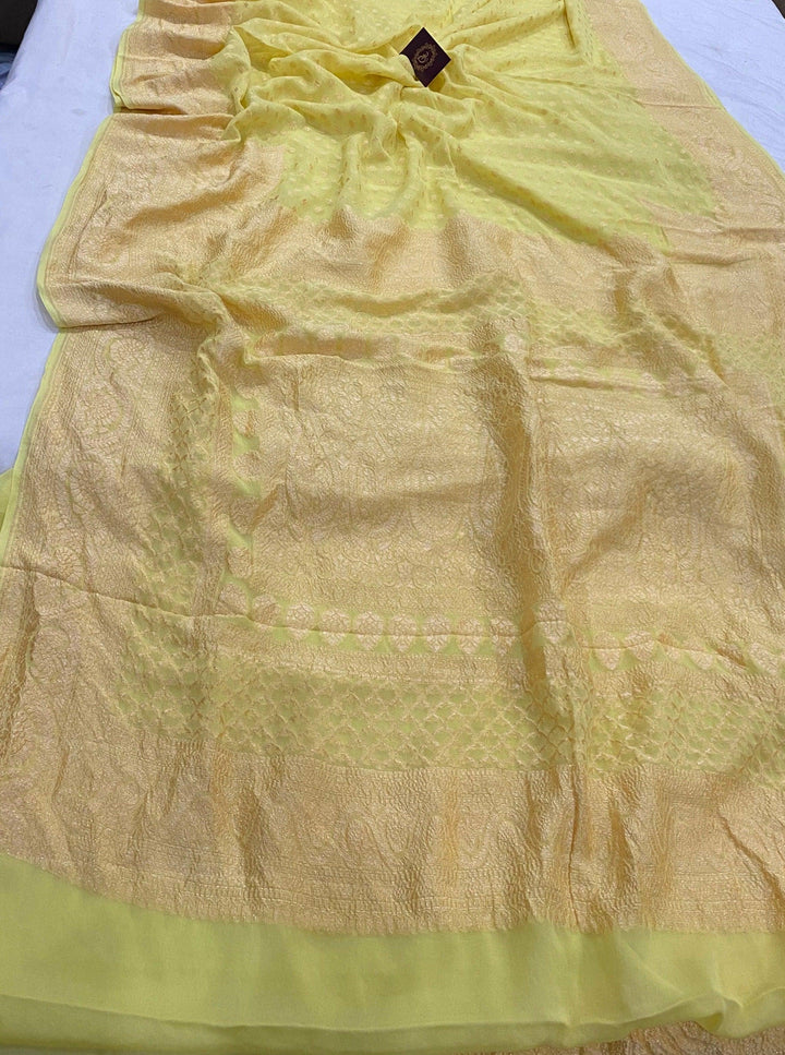 Lemon Yellow Pure Banarasi Khaddi Georgette Saree - Aura Benaras