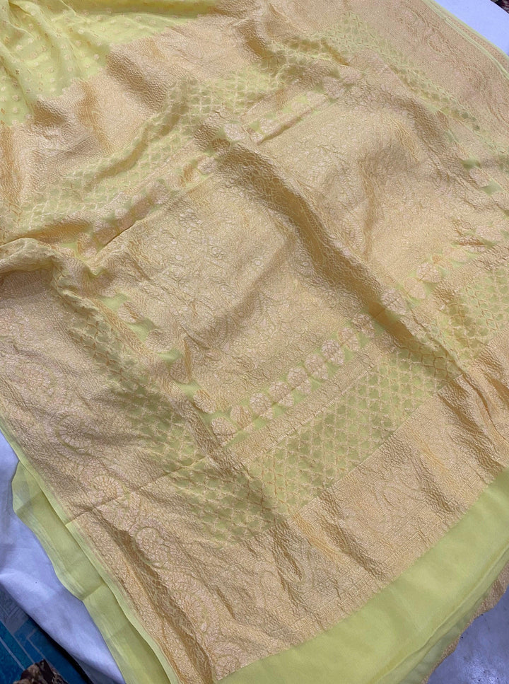 Lemon Yellow Pure Banarasi Khaddi Georgette Saree - Aura Benaras