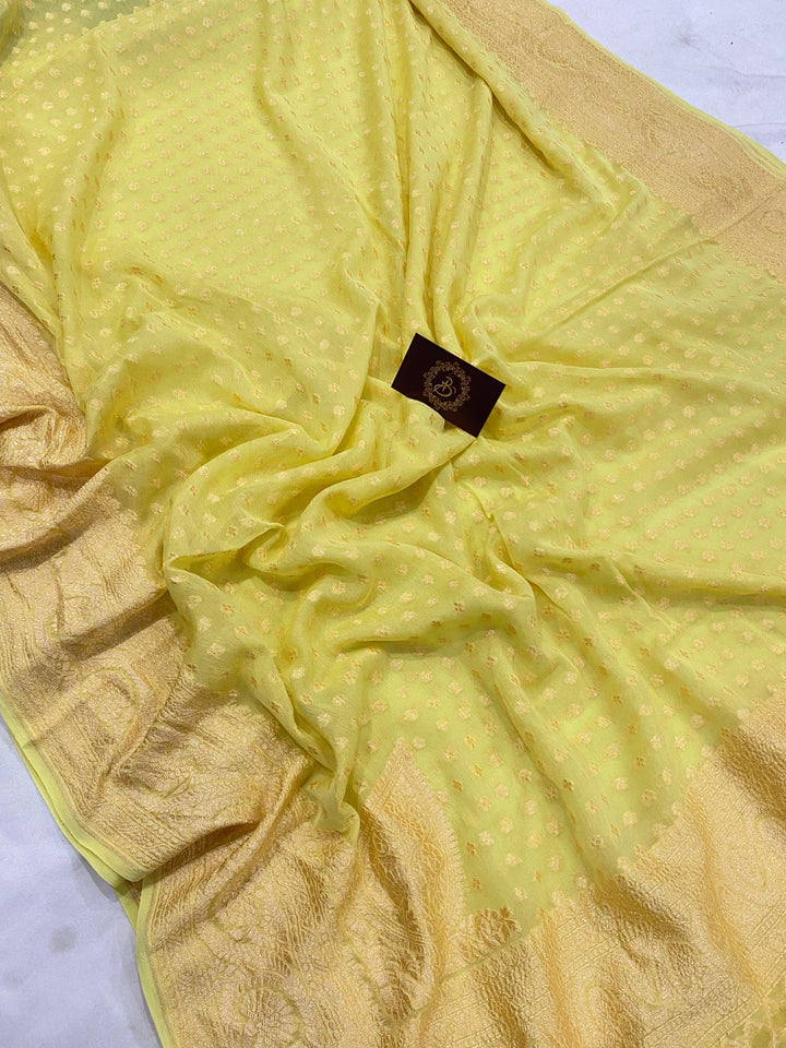 Lemon Yellow Pure Banarasi Khaddi Georgette Saree - Aura Benaras