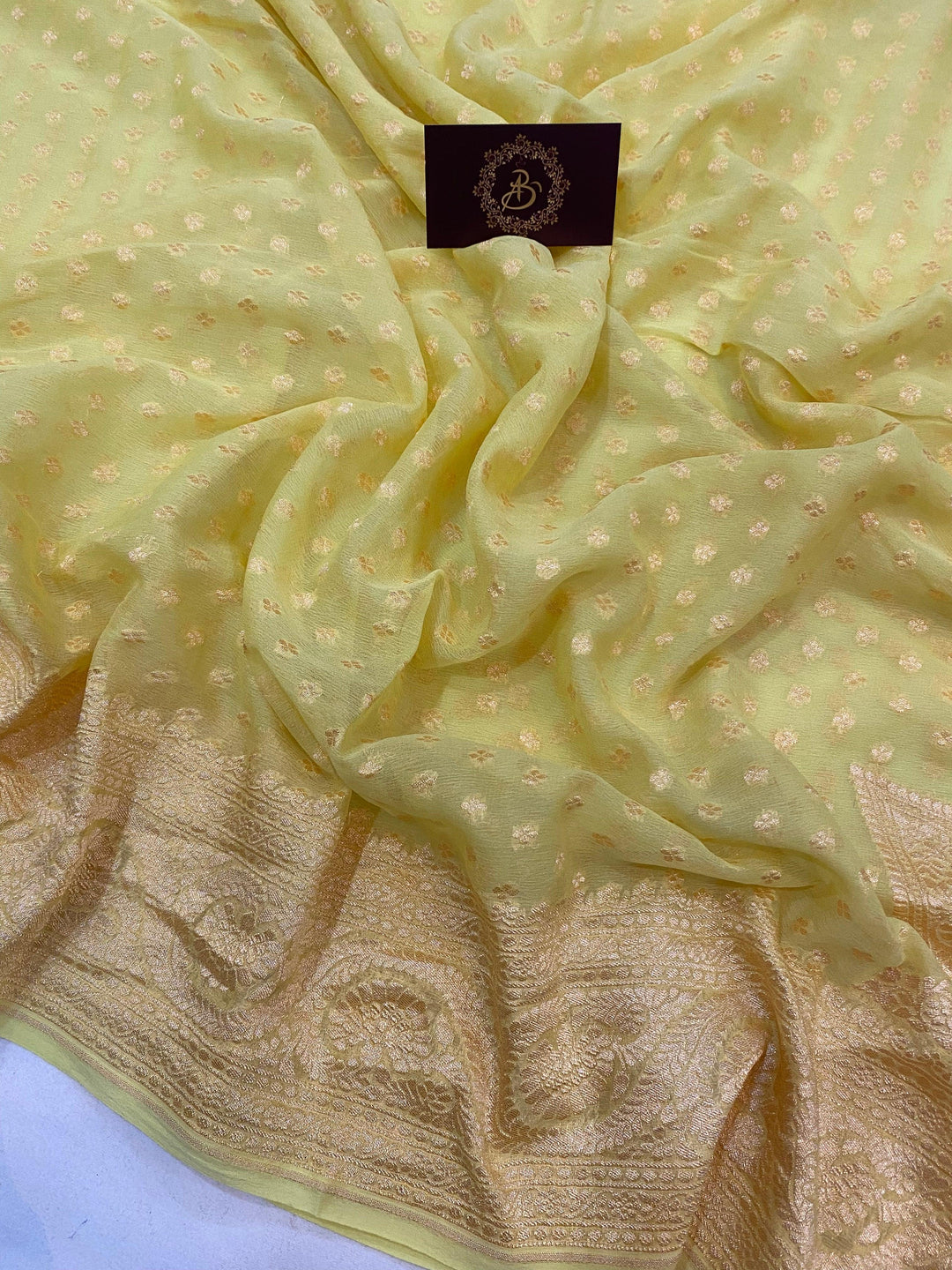 Lemon Yellow Pure Banarasi Khaddi Georgette Saree - Aura Benaras