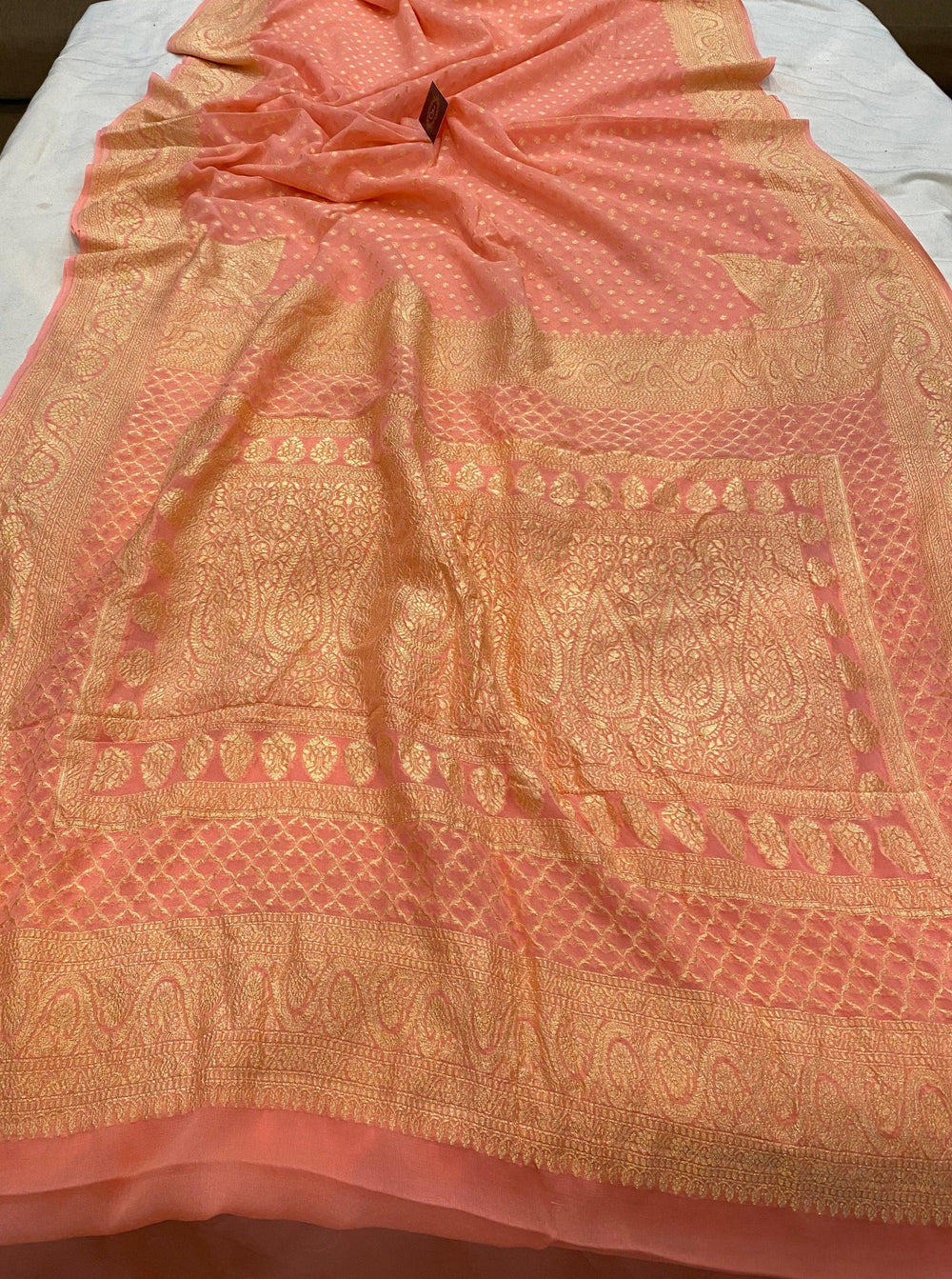 Peach Pure Banarasi Khaddi Georgette Saree - Aura Benaras