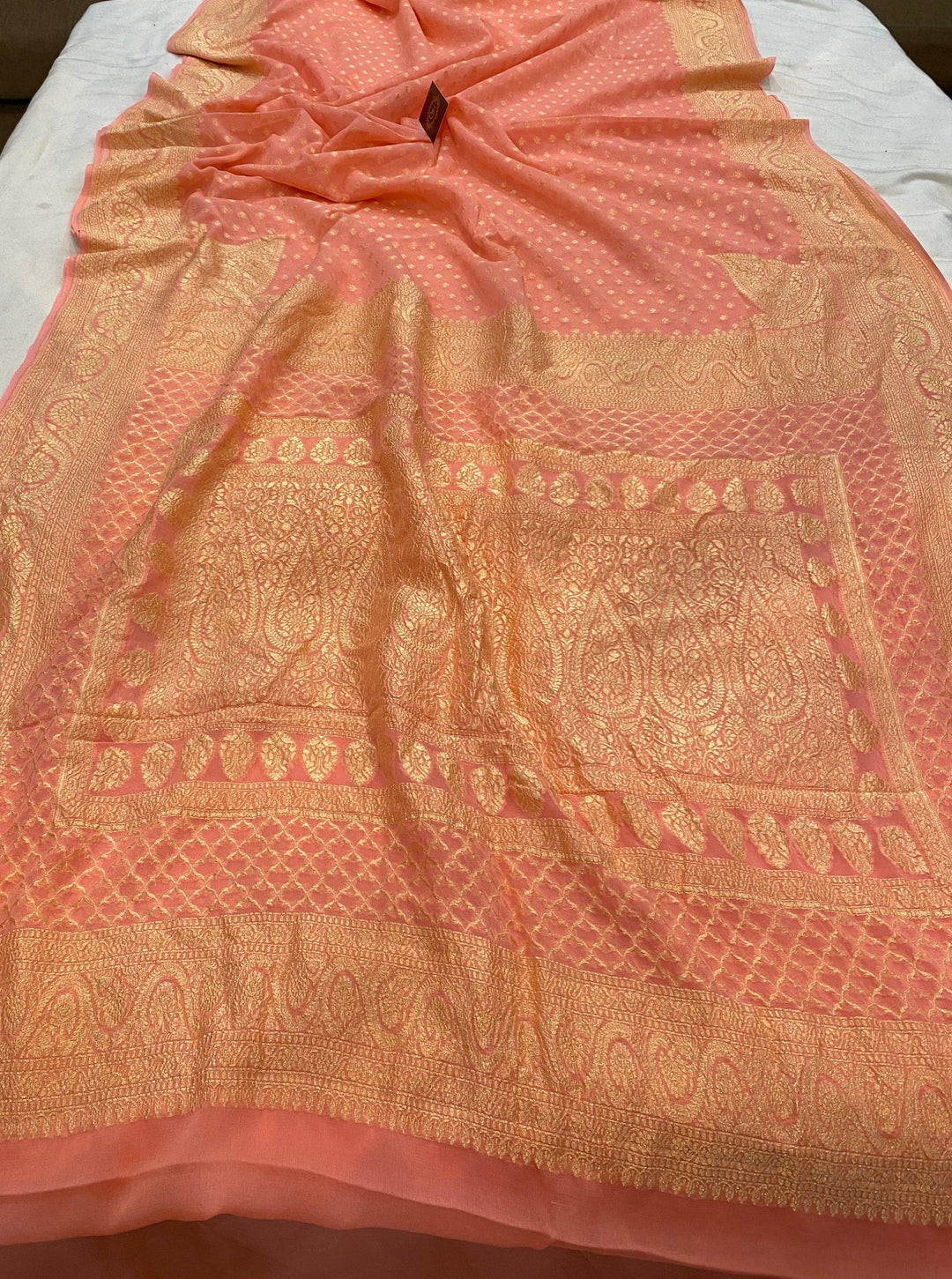 Peach Pure Banarasi Khaddi Georgette Saree - Aura Benaras
