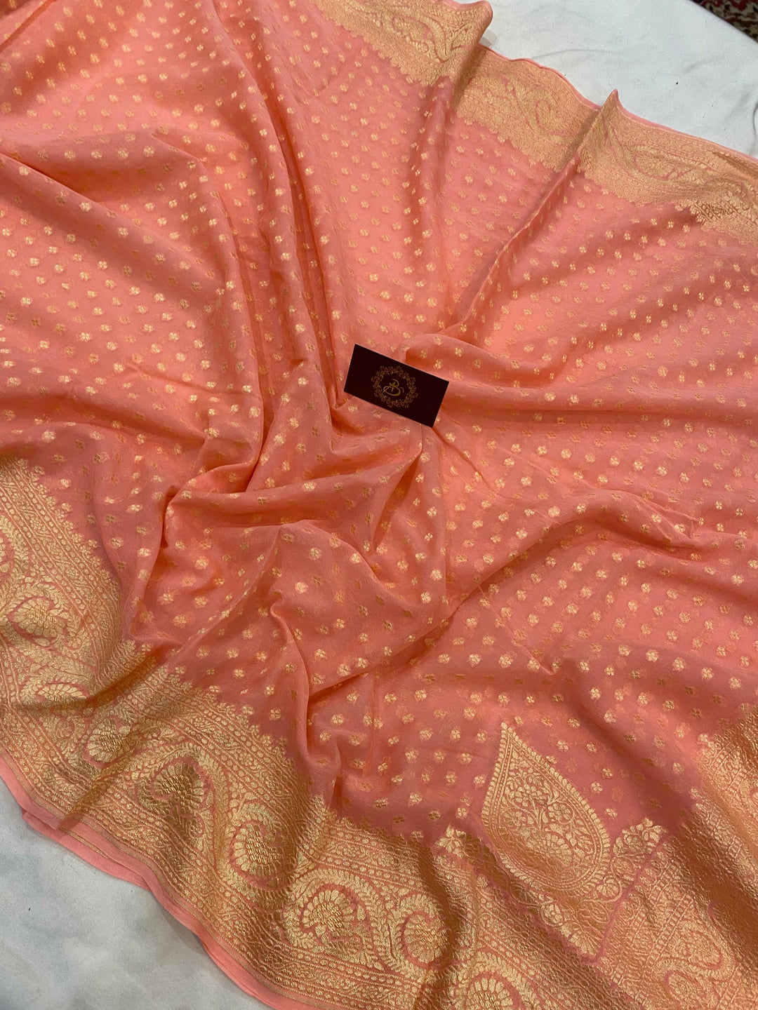 Peach Pure Banarasi Khaddi Georgette Saree - Aura Benaras