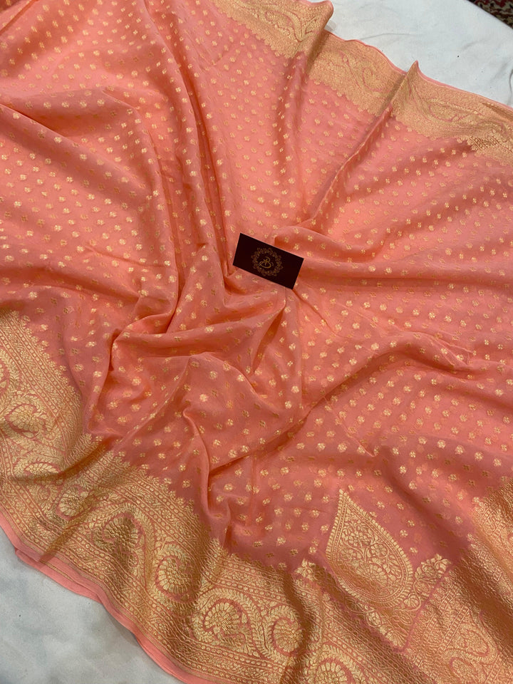 Peach Pure Banarasi Khaddi Georgette Saree - Aura Benaras
