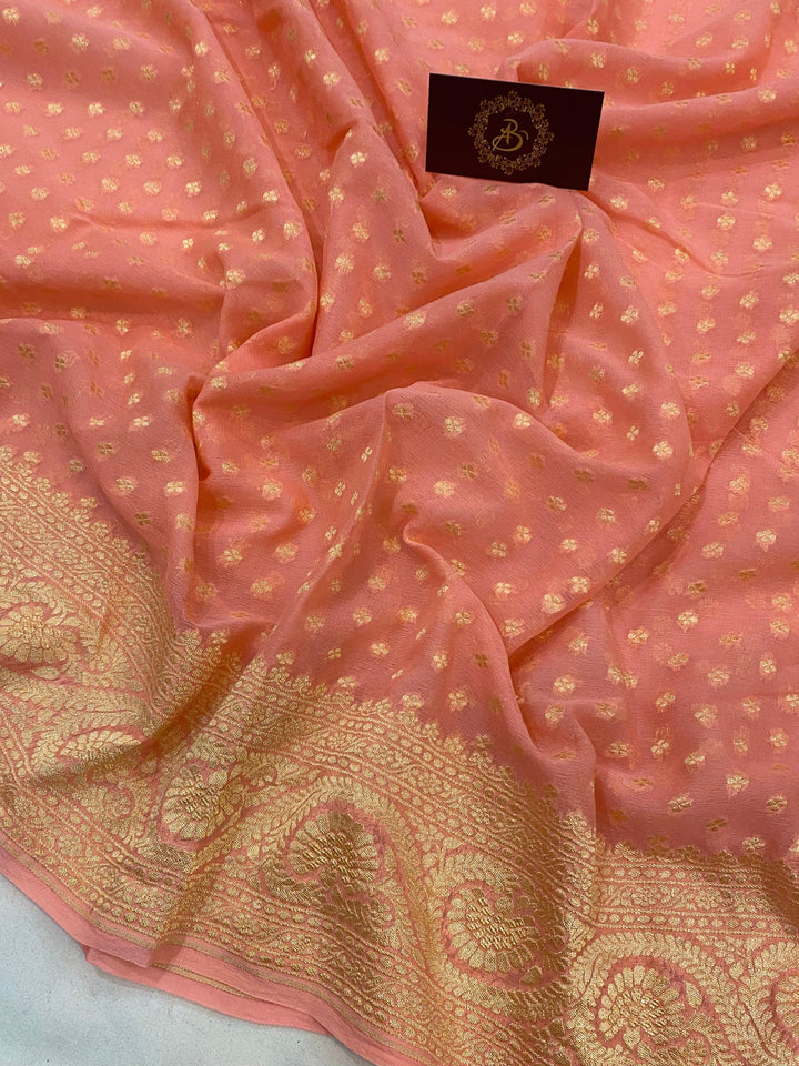 Peach Pure Banarasi Khaddi Georgette Saree - Aura Benaras