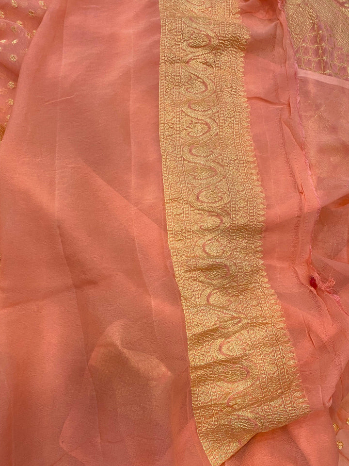 Peach Pure Banarasi Khaddi Georgette Saree - Aura Benaras