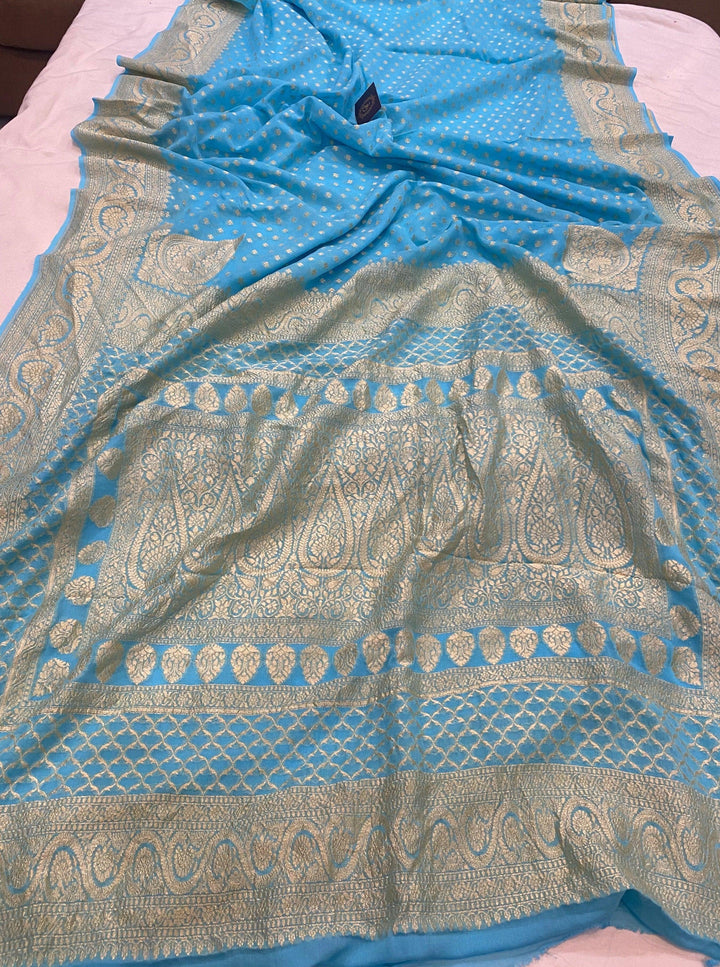 Firozi Blue Pure Banarasi Khaddi Georgette Saree - Aura Benaras