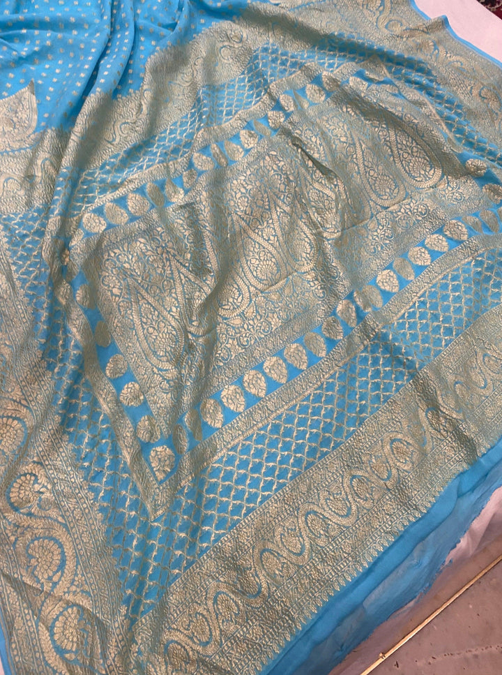 Firozi Blue Pure Banarasi Khaddi Georgette Saree - Aura Benaras