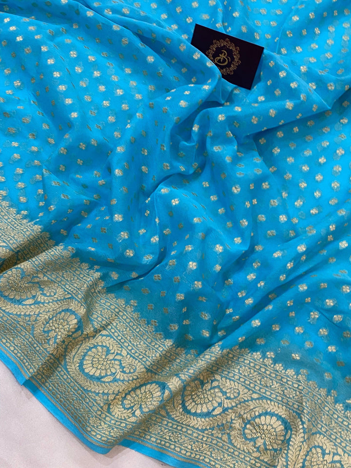 Firozi Blue Pure Banarasi Khaddi Georgette Saree - Aura Benaras