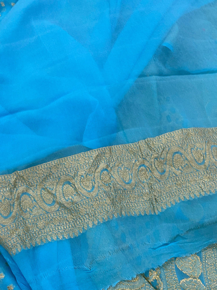 Firozi Blue Pure Banarasi Khaddi Georgette Saree - Aura Benaras