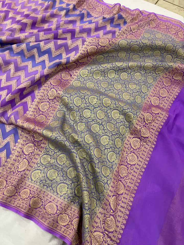 Lavender Rangkaat Pure Banarasi Khaddi Georgette Saree - Aura Benaras