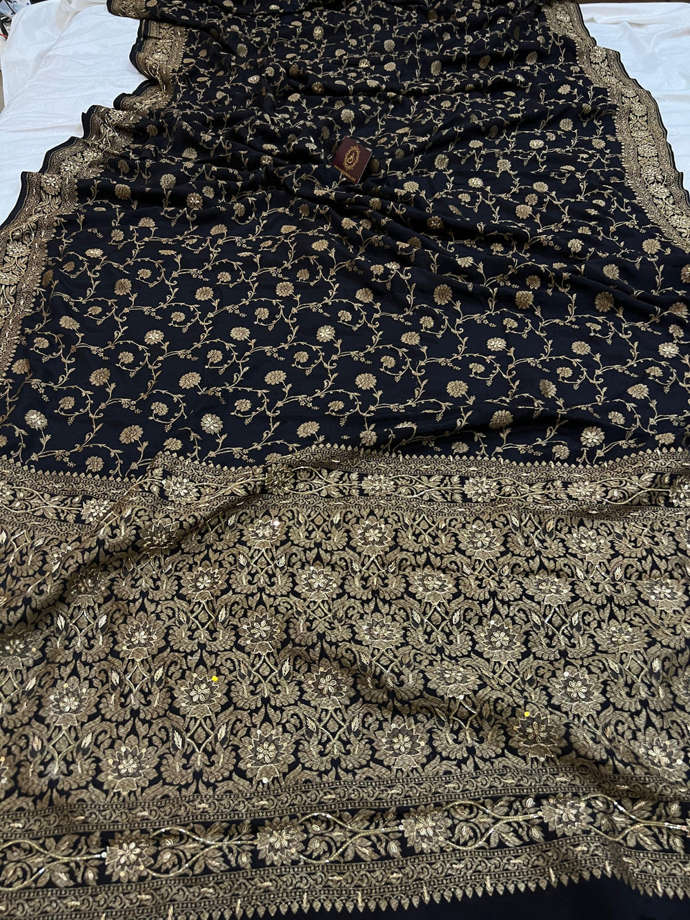 Black Pure Banarasi Khaddi Crepe Silk Saree - Aura Benaras