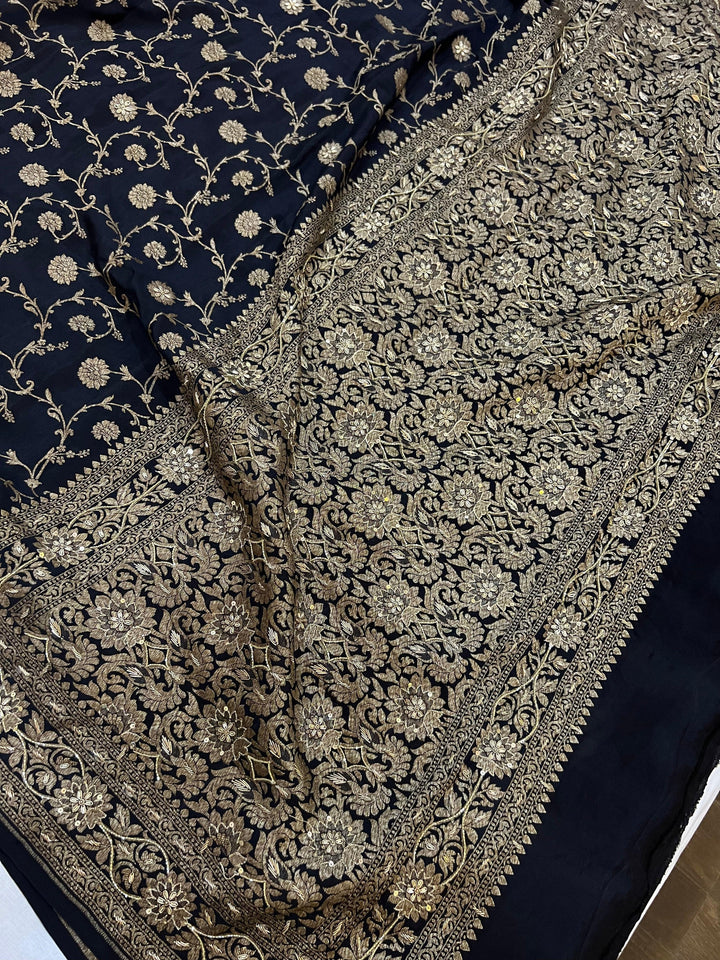 Black Pure Banarasi Khaddi Crepe Silk Saree - Aura Benaras