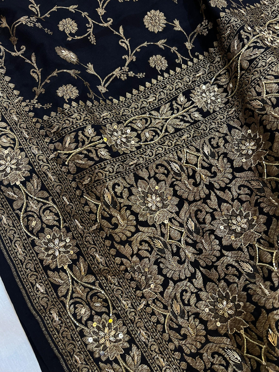 Black Pure Banarasi Khaddi Crepe Silk Saree - Aura Benaras