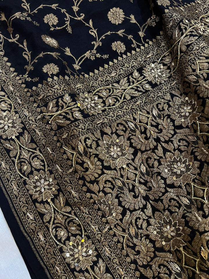 Black Pure Banarasi Khaddi Crepe Silk Saree - Aura Benaras