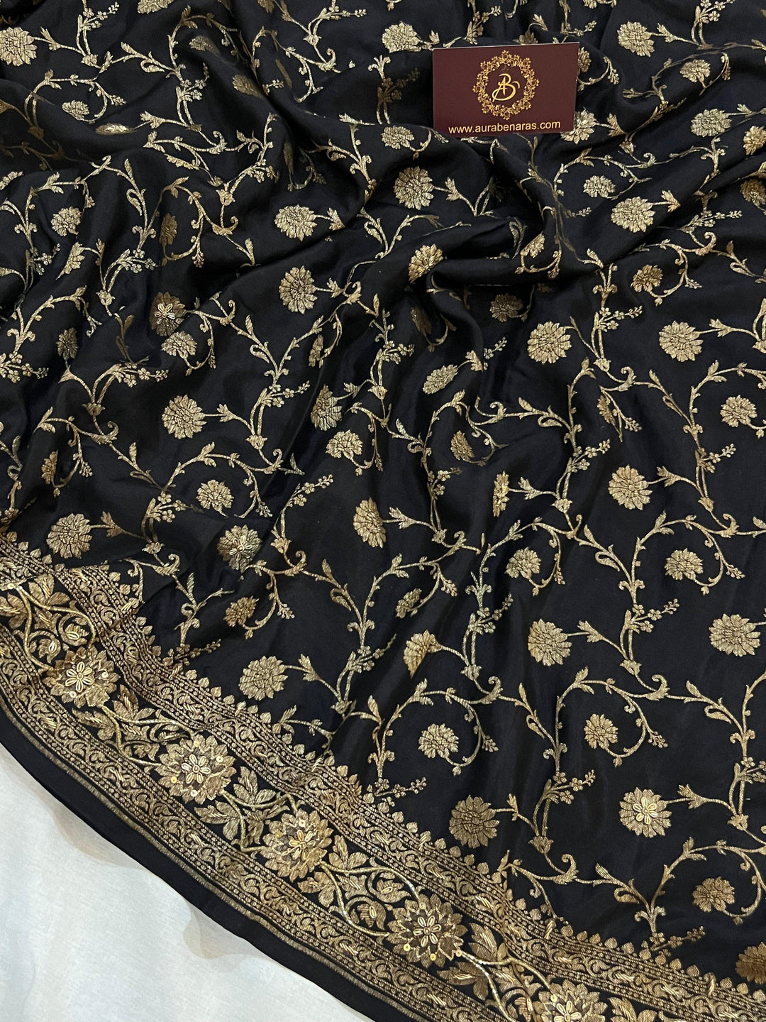 Black Pure Banarasi Khaddi Crepe Silk Saree - Aura Benaras