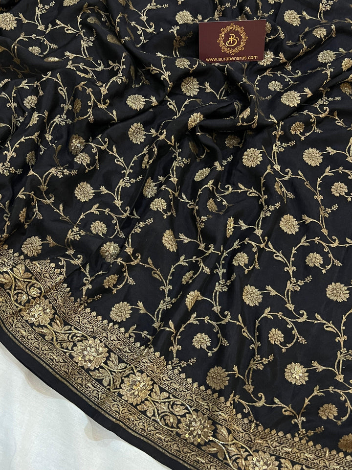 Black Pure Banarasi Khaddi Crepe Silk Saree - Aura Benaras