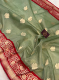 Greyish Green Banarasi Handloom Kora Silk Saree - Aura Benaras