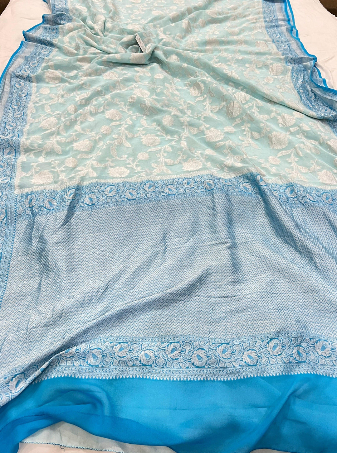 Pale Blue Banarasi Handloom Pure Khaddi Georgette Sareee - Aura Benaras