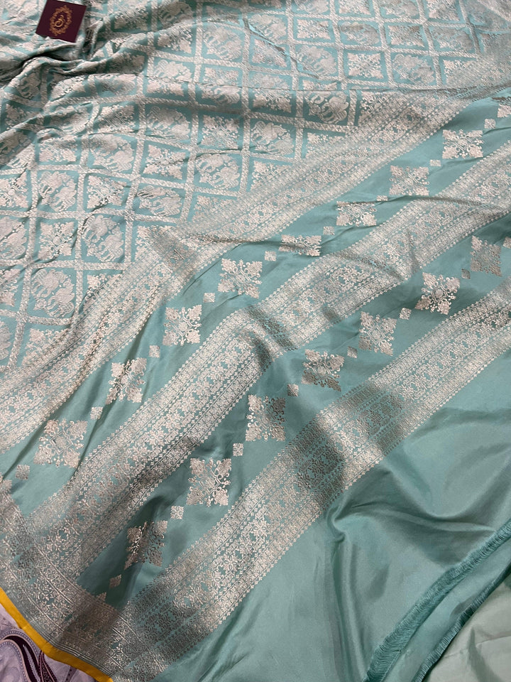 Greyish Green Pure Banarasi Handloom Katan Silk Saree - Aura Benaras
