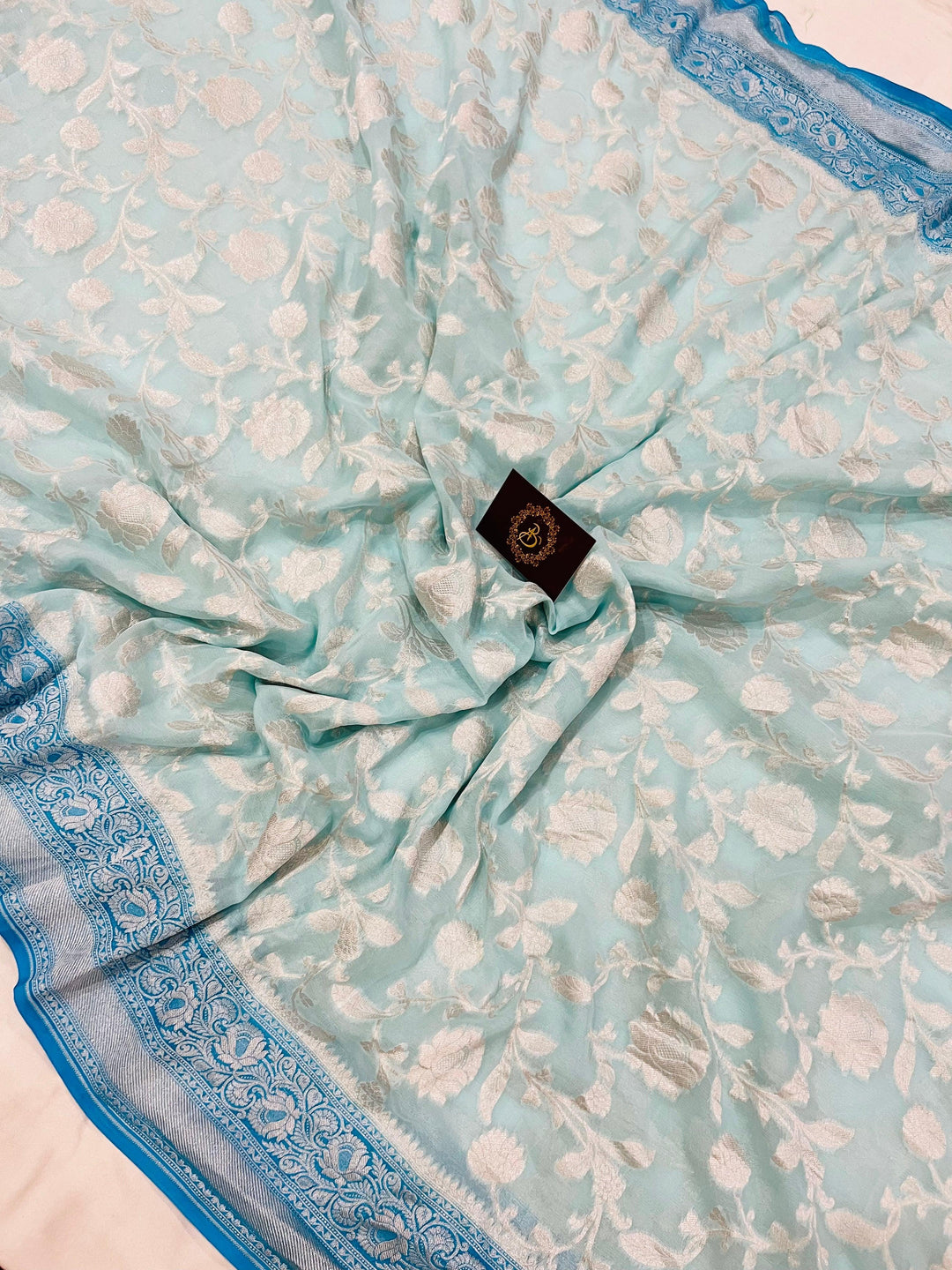 Pale Blue Banarasi Handloom Pure Khaddi Georgette Sareee - Aura Benaras