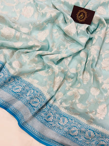 Pale Blue Banarasi Handloom Pure Khaddi Georgette Sareee - Aura Benaras