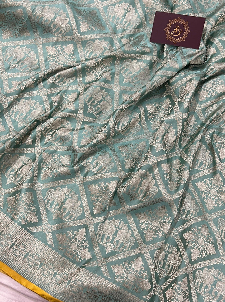 Greyish Green Pure Banarasi Handloom Katan Silk Saree - Aura Benaras