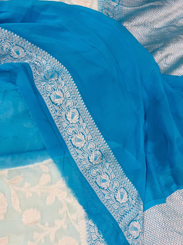 Pale Blue Banarasi Handloom Pure Khaddi Georgette Sareee - Aura Benaras