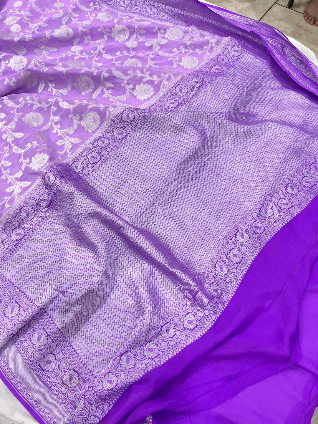 Lavender Banarasi Handloom Pure Khaddi Georgette Saree - Aura Benaras