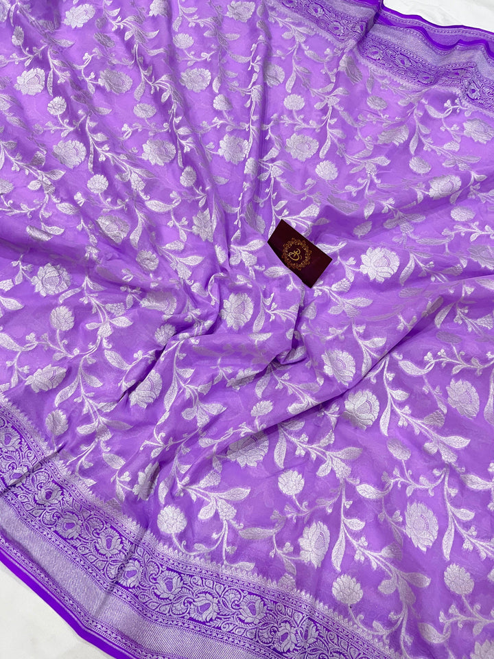 Lavender Banarasi Handloom Pure Khaddi Georgette Saree - Aura Benaras