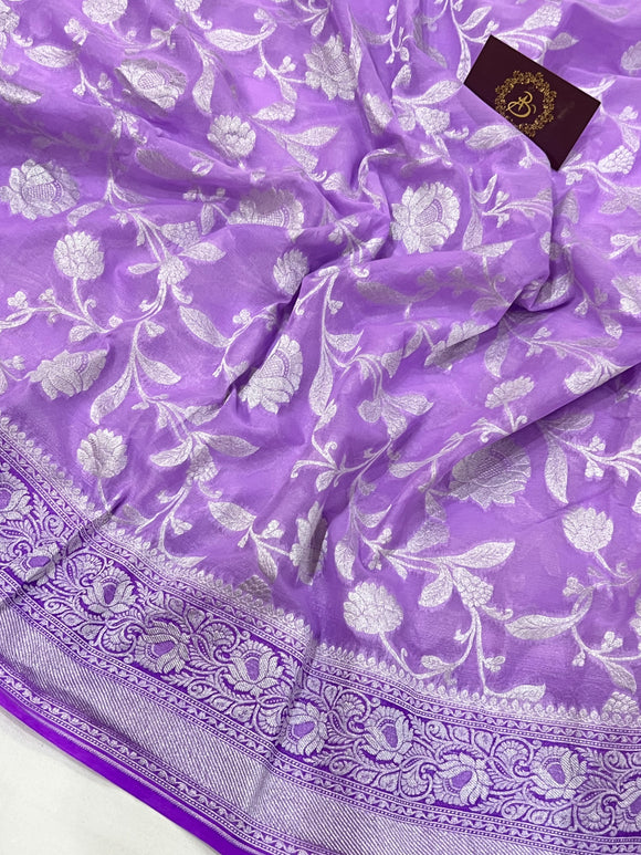 Lavender Banarasi Handloom Pure Khaddi Georgette Saree - Aura Benaras