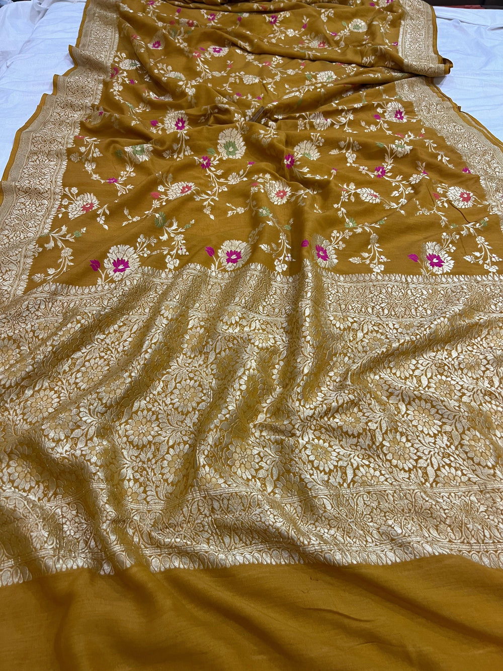 Mustard Yellow Banarasi Handloom Pure Moonga Georgette Saree - Aura Benaras